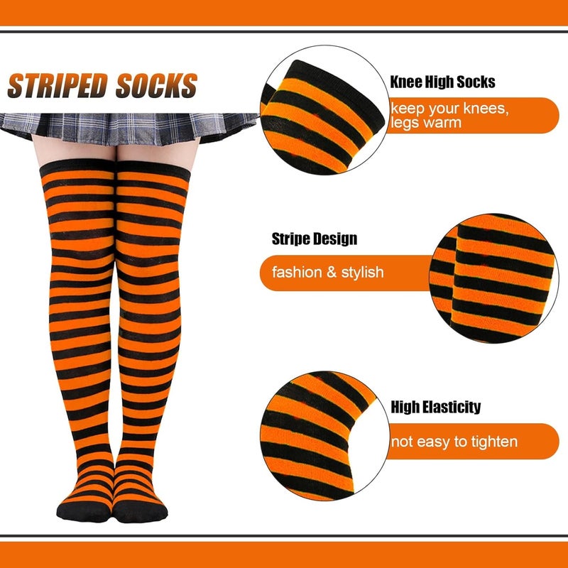 Barrlves Store 2/4 Sets Womens Striped Knee High Socks Long Knitted Arm Warmers Fingerless Gloves for Halloween Costume - Image 4